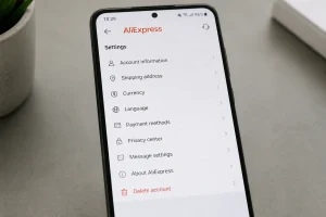 Paramètres du compte AliExpress sur smartphone avec option de suppression visible