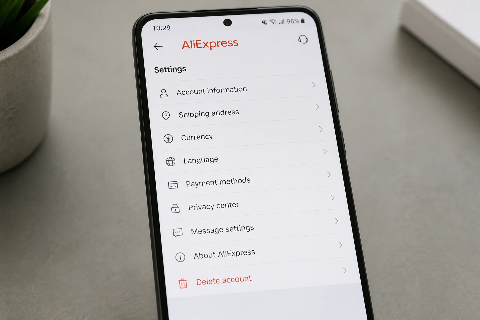 Paramètres du compte AliExpress sur smartphone avec option de suppression visible