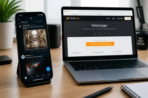 Smartphone affichant Twitter et ordinateur ouvert sur un outil de téléchargement de vidéo