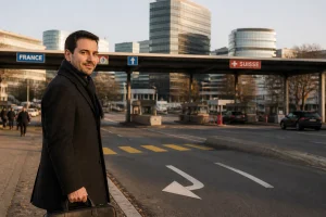 Travailleur frontalier français en route pour son emploi en Suisse, frontière franco-suisse au petit matin