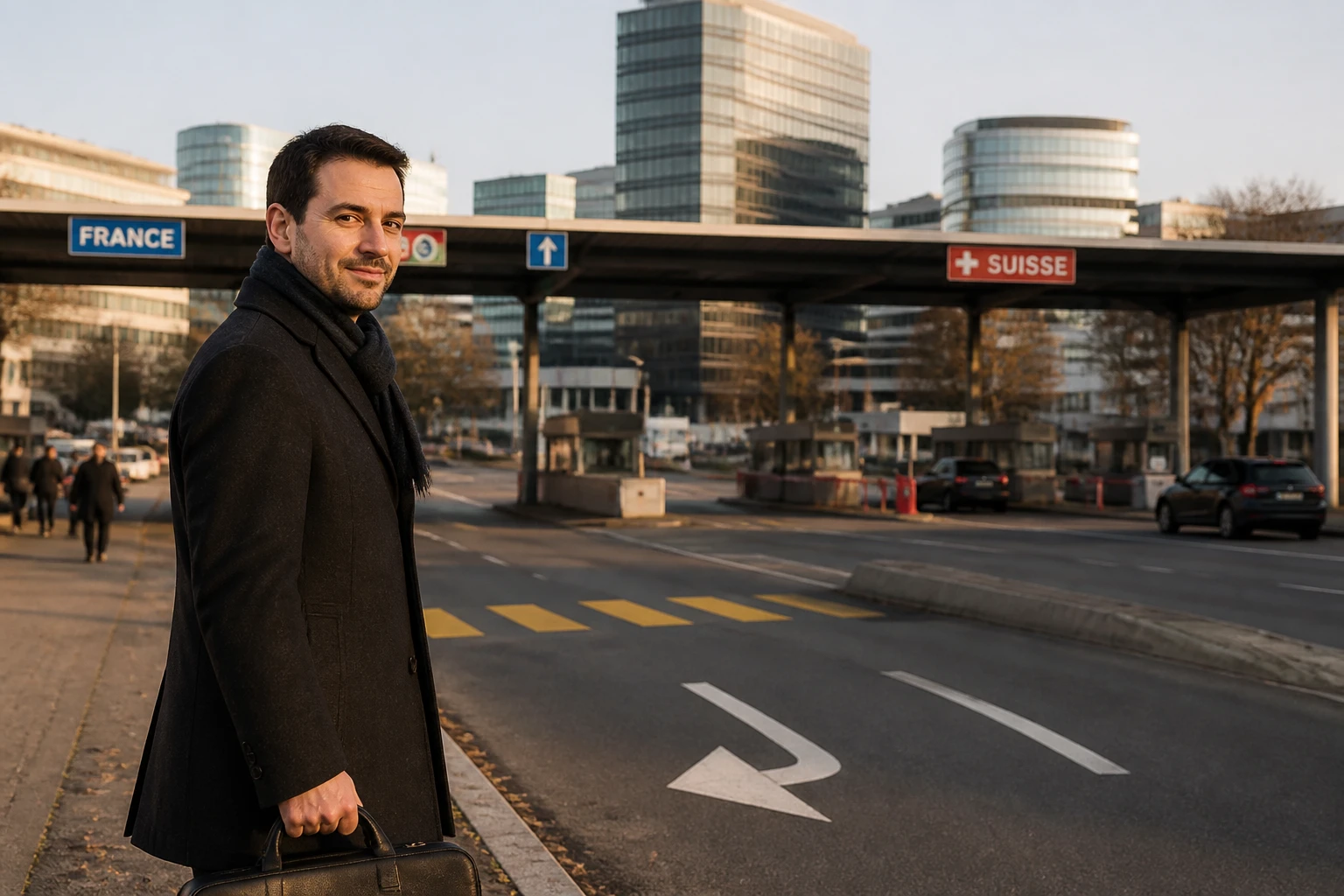 Travailleur frontalier français en route pour son emploi en Suisse, frontière franco-suisse au petit matin