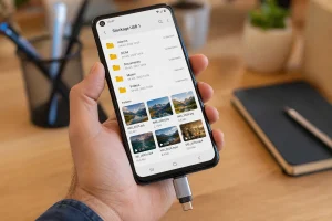 Clé USB à double connecteur branchée sur un smartphone Android affichant un gestionnaire de fichiers