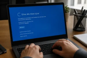 Écran d'ordinateur affichant un message d'erreur Windows Update lié au code 0x80072F8F