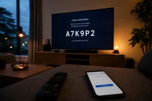 Écran de télévision affichant un code d'activation à six caractères pour lier un appareil à un compte de streaming