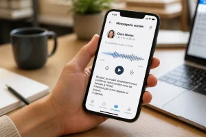 Smartphone affichant une messagerie vocale avec forme d'onde audio en cours d'enregistrement