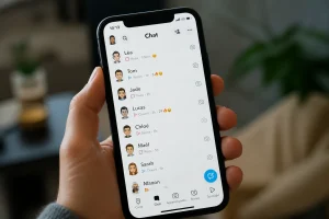 Smartphone affichant une conversation Snapchat avec l'emoji flamme et le compteur de streak visible à l'écran