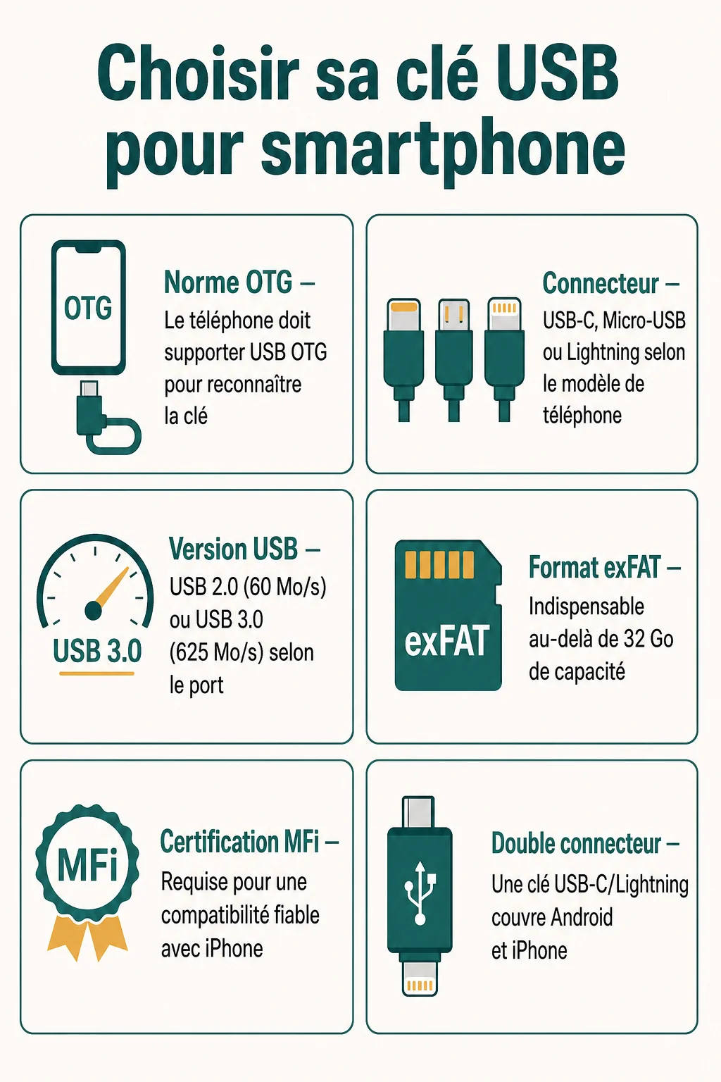 Choisir sa clé USB pour smartphone : Norme OTG, Connecteur, Version USB, Format exFAT, Certification MFi, Double connecteur