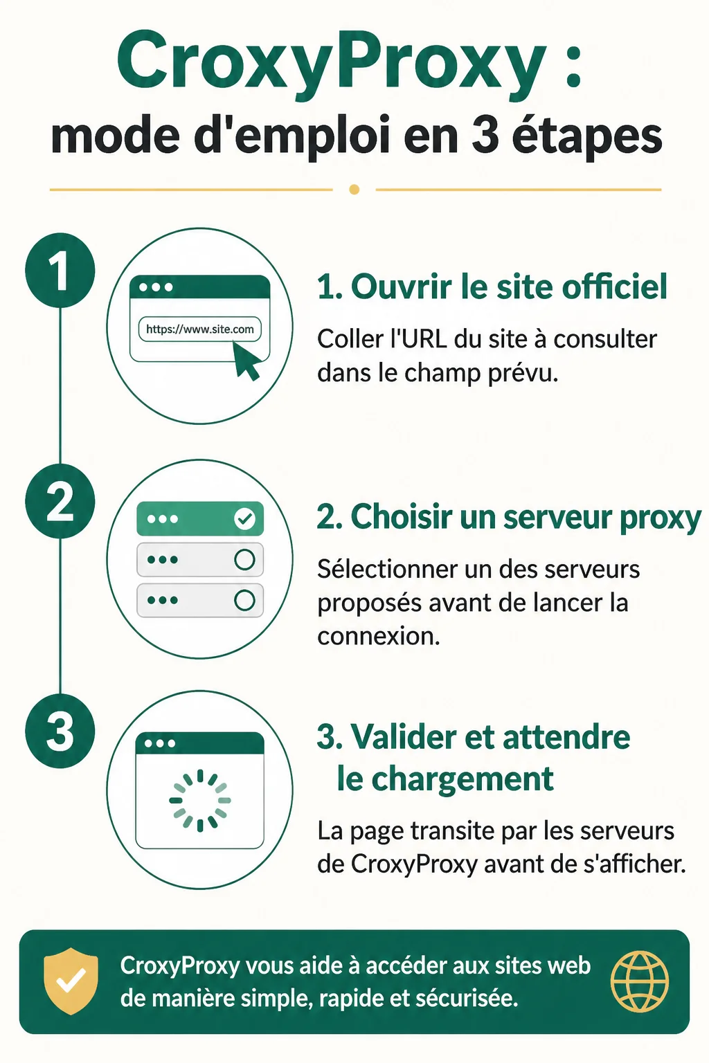 CroxyProxy : mode d'emploi en 3 étapes : 1. Ouvrir le site officiel, 2. Choisir un serveur proxy, 3. Valider et attendre le chargement