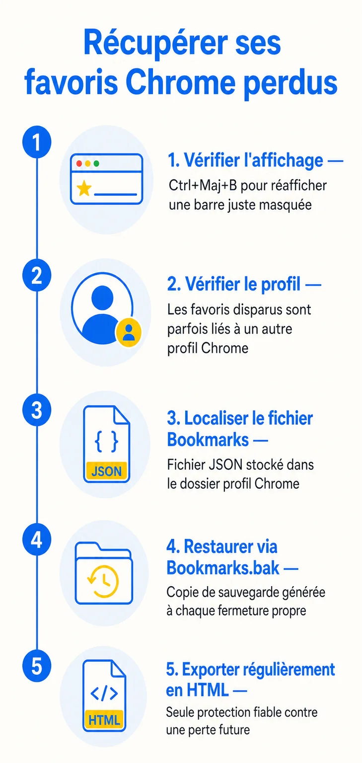 Récupérer ses favoris Chrome perdus : 1. Vérifier l'affichage, 2. Vérifier le profil, 3. Localiser le fichier Bookmarks, 4. Restaurer via Bookmarks.bak, 5. Exporter régulièrement en HTML