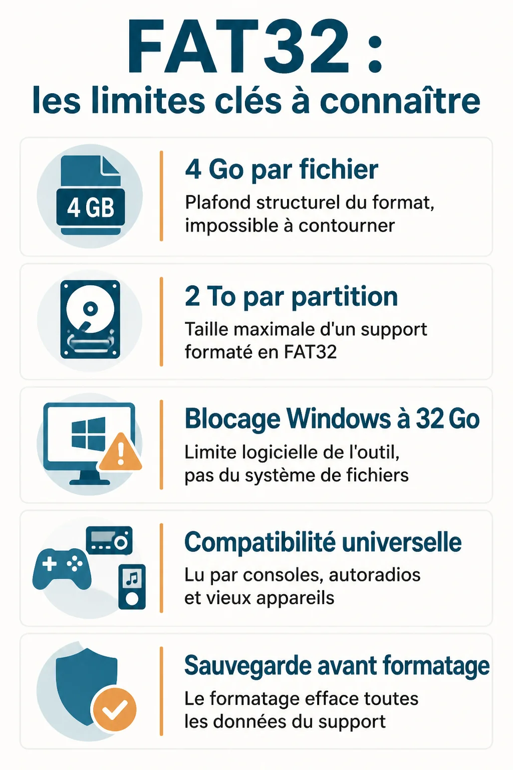 FAT32 : les limites clés à connaître : 4 Go par fichier, 2 To par partition, Blocage Windows à 32 Go, Compatibilité universelle, Sauvegarde avant formatage