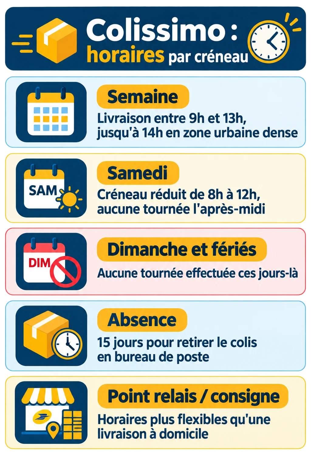 Colissimo : horaires par créneau : Semaine, Samedi, Dimanche et fériés, Absence, Point relais / consigne