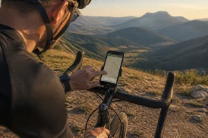 Cycliste consultant l'application Komoot sur smartphone fixé au guidon en pleine montagne