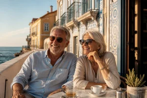 Couple de retraités français profitant d'une terrasse en bord de mer au Portugal