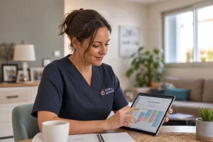 Intervenante à domicile consultant son planning d'intervention sur une tablette