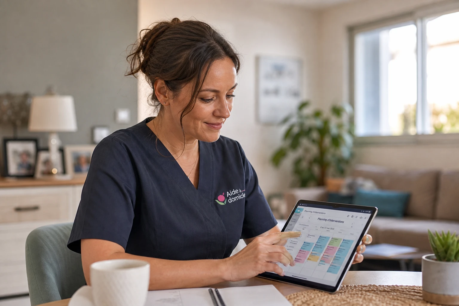 Intervenante à domicile consultant son planning d'intervention sur une tablette