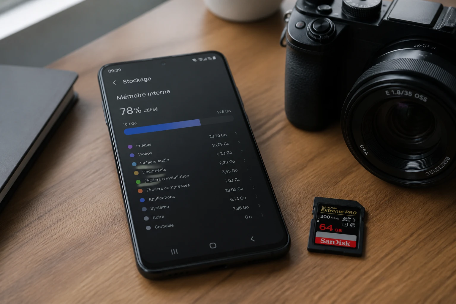 Smartphone affichant le stockage de 128 Go à côté d'un appareil photo et d'une carte mémoire SDXC