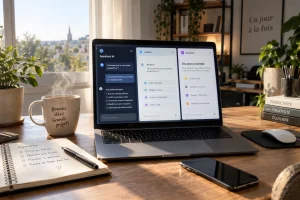Ordinateur portable affichant plusieurs interfaces de chatbots IA alternatives à ChatGPT sur un bureau