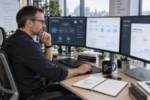 Architecte web travaillant sur des schémas d'architecture technique devant plusieurs écrans