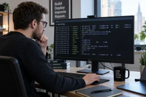 Développeur analysant des logs serveur suite à une erreur 503 backend fetch failed