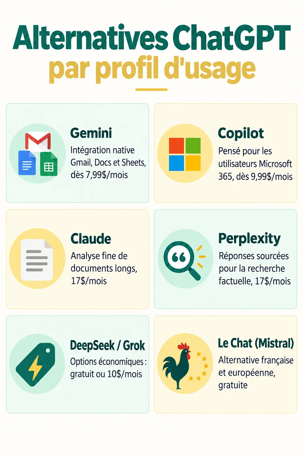 Alternatives ChatGPT par profil d'usage : Gemini, Copilot, Claude, Perplexity, DeepSeek / Grok, Le Chat (Mistral)