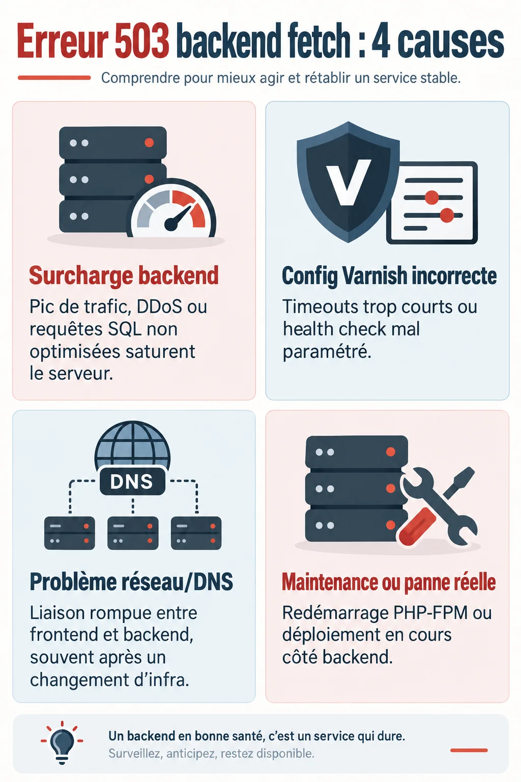 Erreur 503 backend fetch : 4 causes : Surcharge backend, Config Varnish incorrecte, Problème réseau/DNS, Maintenance ou panne réelle
