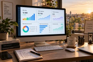 Écran affichant un tableau de bord d'analyse SEO avec graphiques de mots-clés sur un bureau moderne